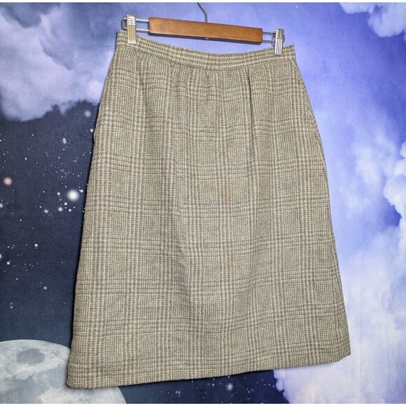 Vintage Wool Plaid A-Line Skirt Size 12 Brown Gray Academia Librarian Preppy - Picture 2 of 7